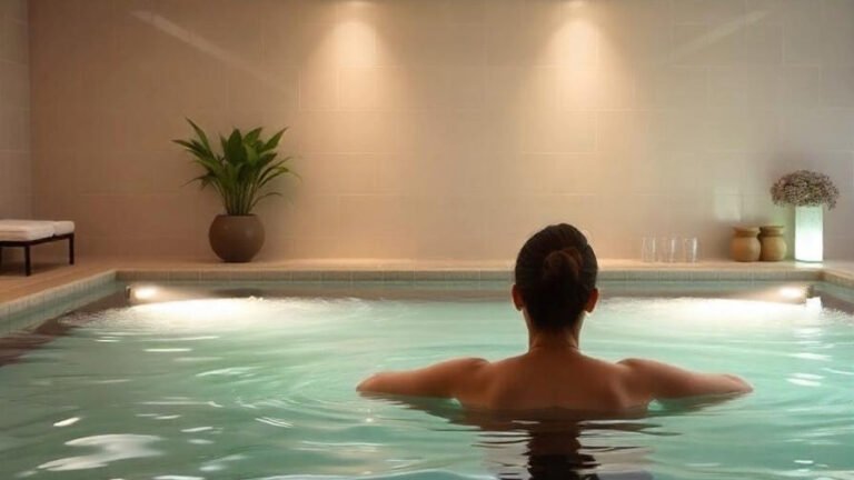 An image of a serene hydrotherapy session, featuring a peaceful spa setting with soft lighting, water features, and a person in a therapy pool.